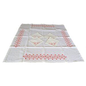 Vintage Small Linen Tablecloth & 4 Napkins Embroidered Openwork 1960s